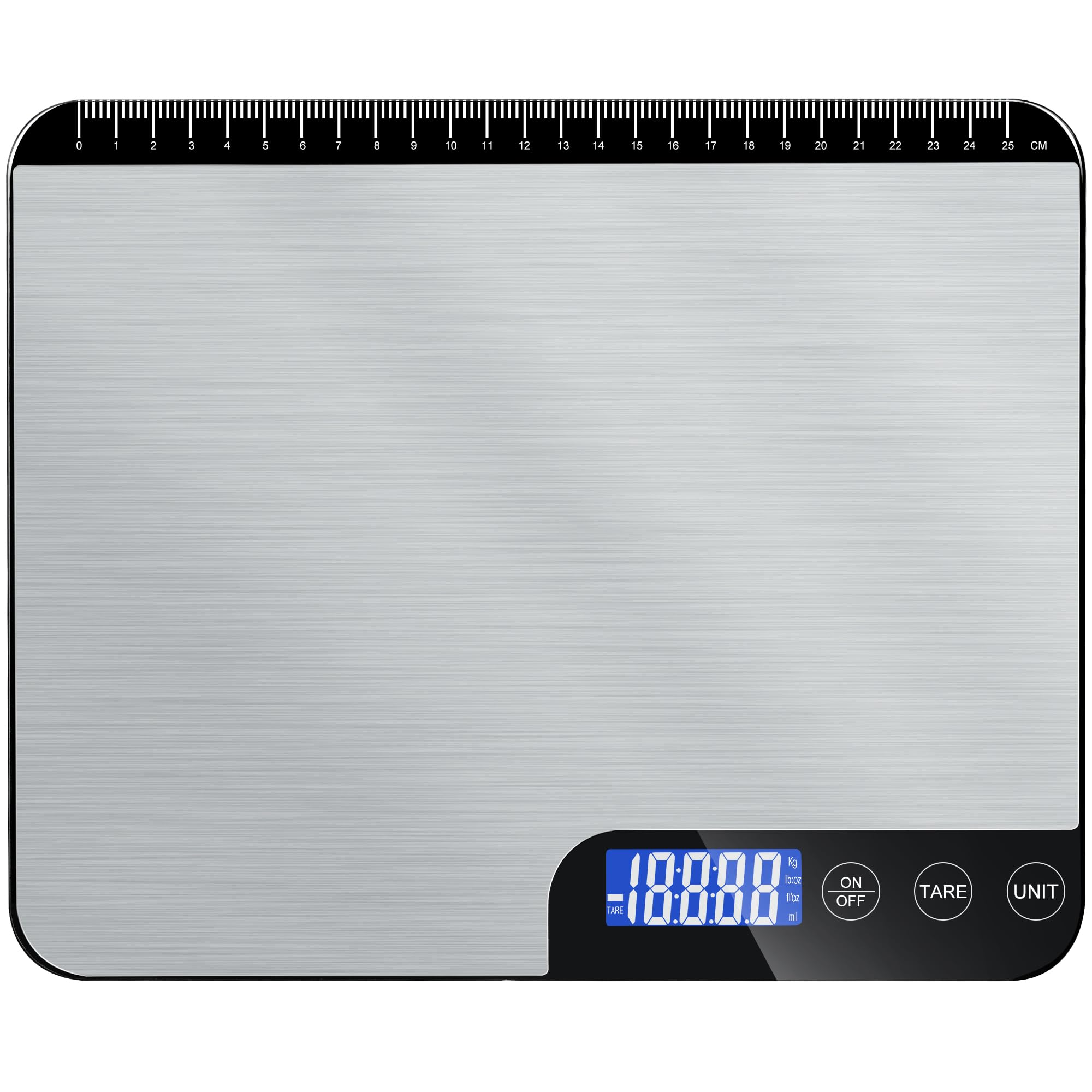 Küchenwaage Digital 20KG,Großer Wiegefläche Digitalwaage mit Lineal,Professionelle Electronische Waage,Edelstahl Haushaltswaage Lebensmittelwaage,Tara Funktion,no Usb 5 Einheiten,LCD inkl. Batterien