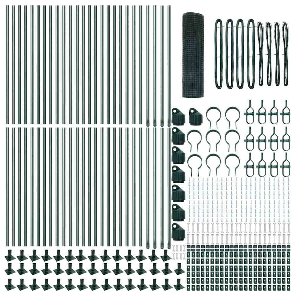 Set di recinzione da giardino, 100 x 1 m, colore verde, maglie da 16 mm, in acciaio e PVC, con 44 pali in cemento, robusto elemento di recinzione per cani e protezione dagli sguardi