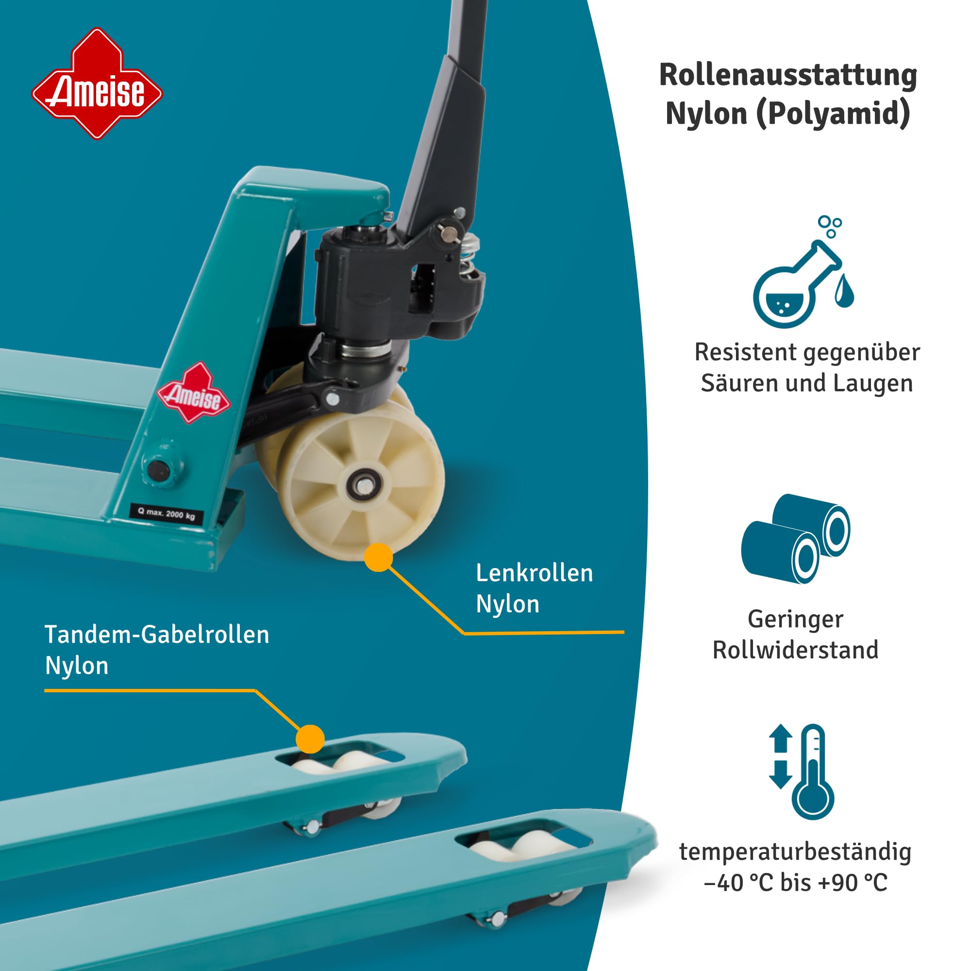 Ameise Hubwagen PTM lang | 2.000 kg Tragkraft | 2.000 mm Gabellänge | Lenkrad/Gabelrolle aus verschleißarmen Nylon | Tandem-Gabelrollen | Palettenhubwagen