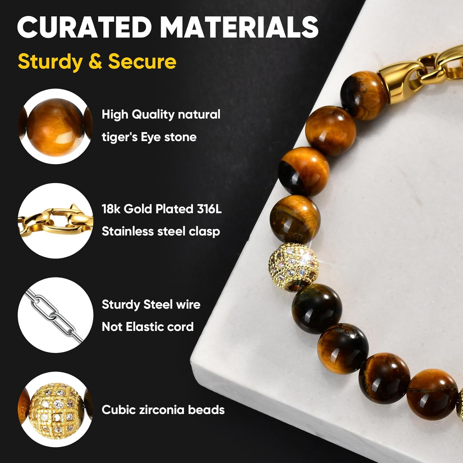 Valentines Day Gifts for Men-Tiger's Eye Stone Beaded Bracelet,Real 8mm Natural Gemstone Chain Beads Bracelets with Stainless Steel Clasp, Men Designer Jewelry Gift for Him,Husband,Son,Boyfriend - Image 3