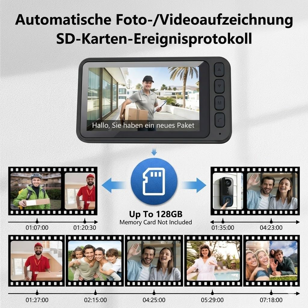 Video Türklingel mit Kamera Drahtlos, Funkklingel mit Kamera und Monitor, Türsprechanlage 4,5" IPS Bildschirm, 2,4GHz Verbindung, IP65 Wasserdicht, Nachtsicht, Gegensprechanlage, Ohne WLAN Ohne App