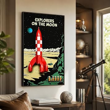 Premium Wall Display Board Compatible with LEGO Tintin Moon Rocket 21367 Comic-Style Space Showcase Mount with Acrylic Figure Stand, Aluminum Frame & UV HD Backdrop (Board Only)
