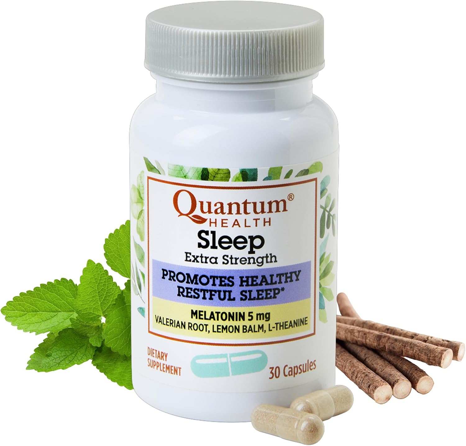 Quantum Health Extra Strength Sleep Melatonin 5mg Healthy Restful Sleep Support with Relaxing Valerian Root & L Theanine Daily Mind & Body Well Being for Women & Men - 30 Capsules