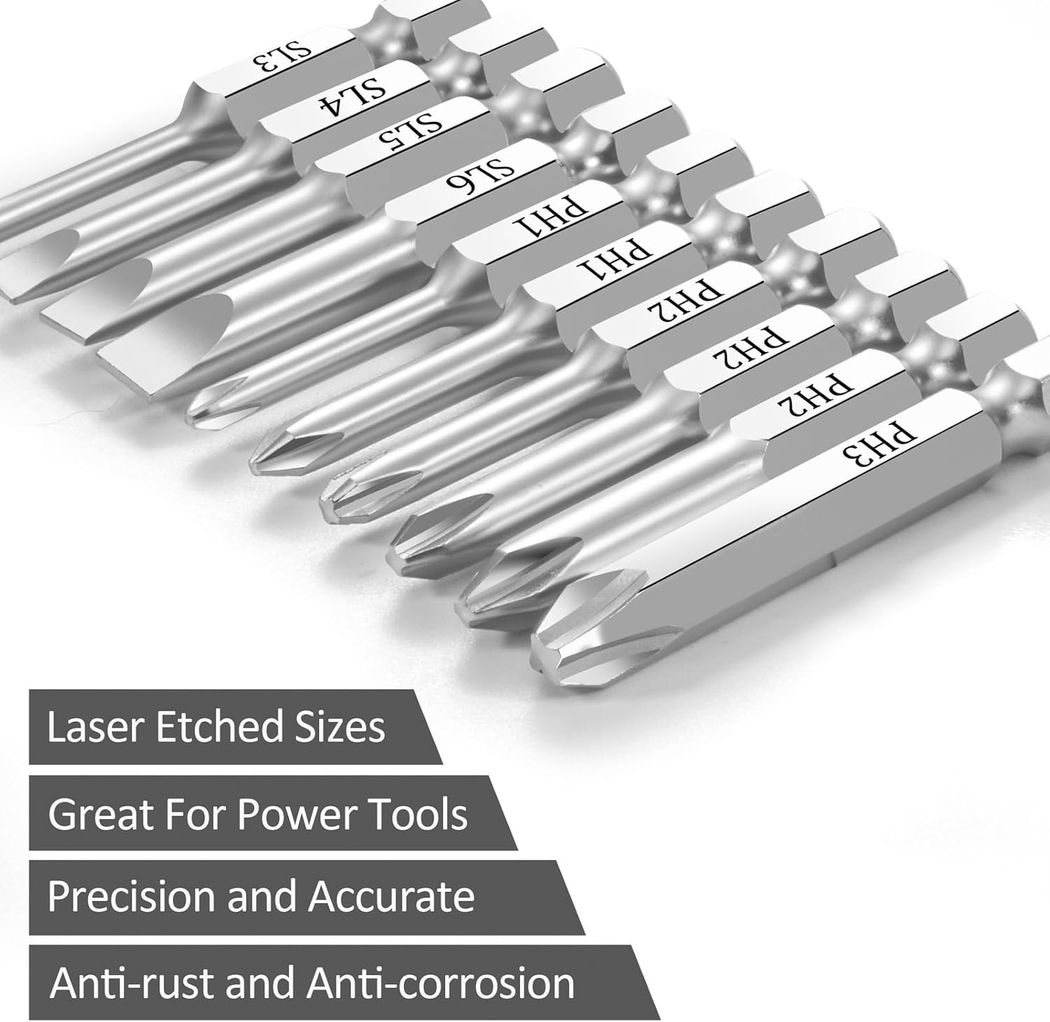 10 Piece Slotted Phillips Screwdriver Bit Set, 1/4 Inch Hex Shank S2 Steel Magnetic 2" Long Drill Bits