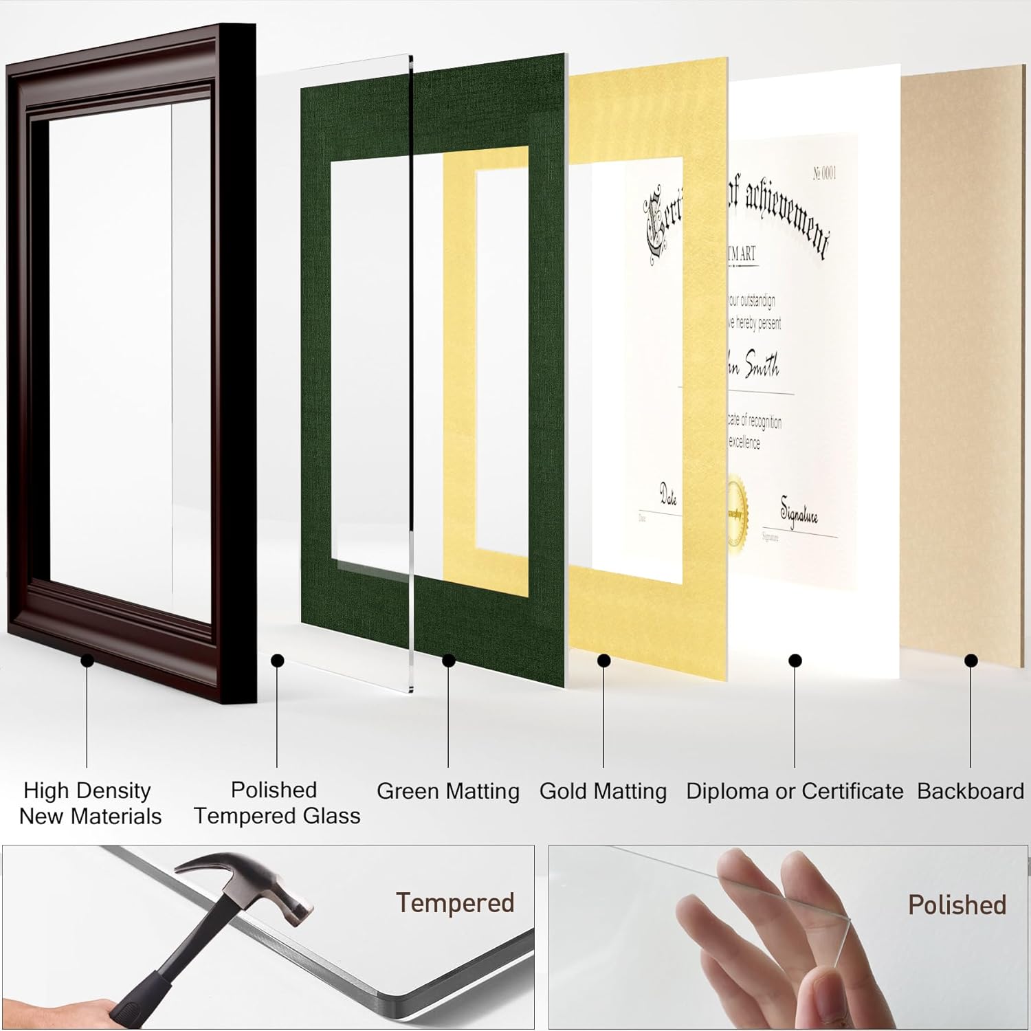 Yaetm 11x14 Diploma Frame, Certificate Frame with Tempered Glass, Display 8.5x11 Document with Dark Green Over Gold Acid-free Mat or 11 x 14 without Mat, Wide Molding (4 Pack, Brown/Green)