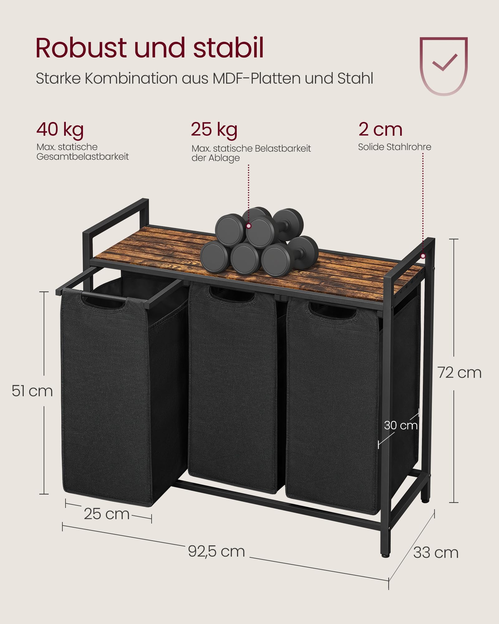 VASAGLE Wäschekorb 3 Fächer, Wäschesammler mit Ablage, Wäschebox, Wäschesack aus Oxford-Gewebe abnehmbar, Metallrahmen, 3 x 40 L, 92,5 x 33 x 72 cm, tintenschwarz-vintagebraun BLH301B01