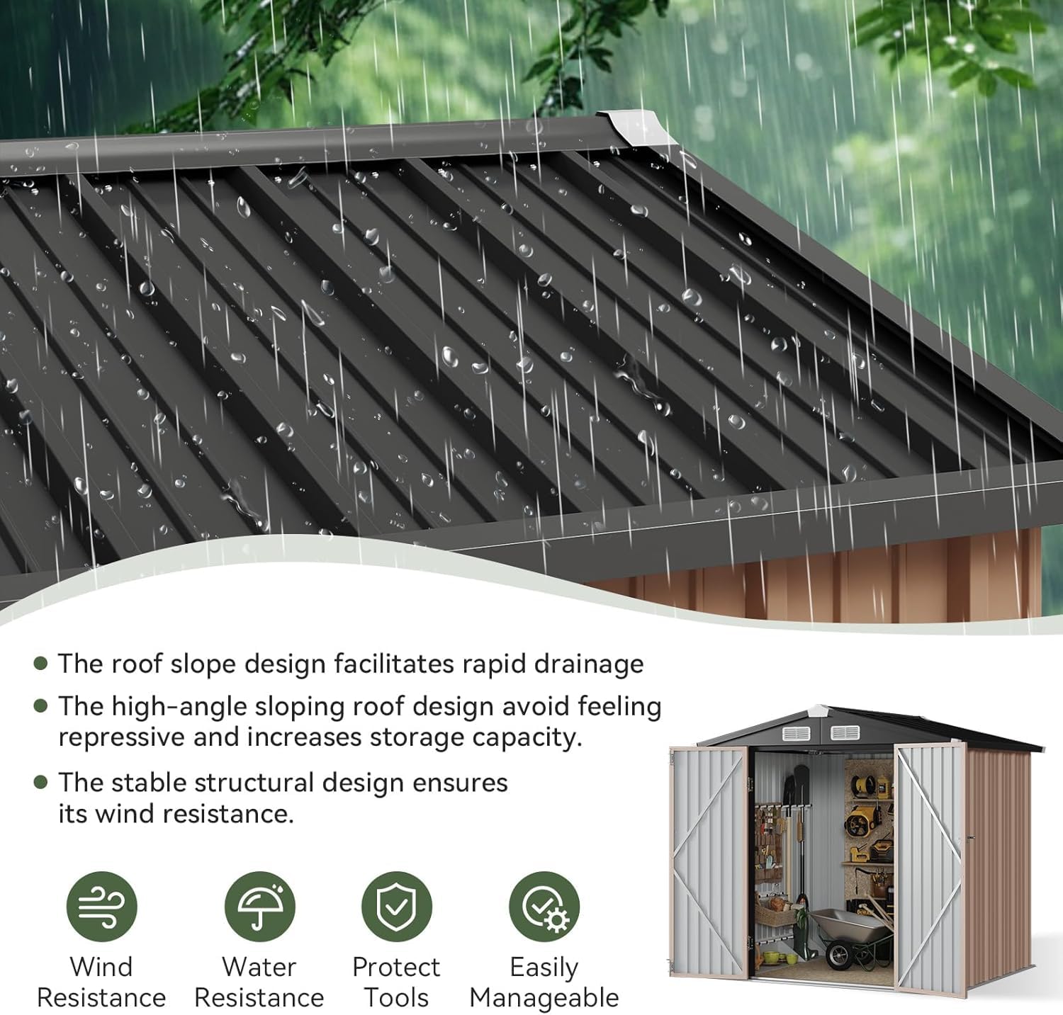 Aoxun Garden Sheds 6x4ft, Metal Shed Bike Tool Shed, Sheds and Outdoor Storage with Lockable Doors & Slooping for Backyard, Patio, Poolside,Brown — view 3