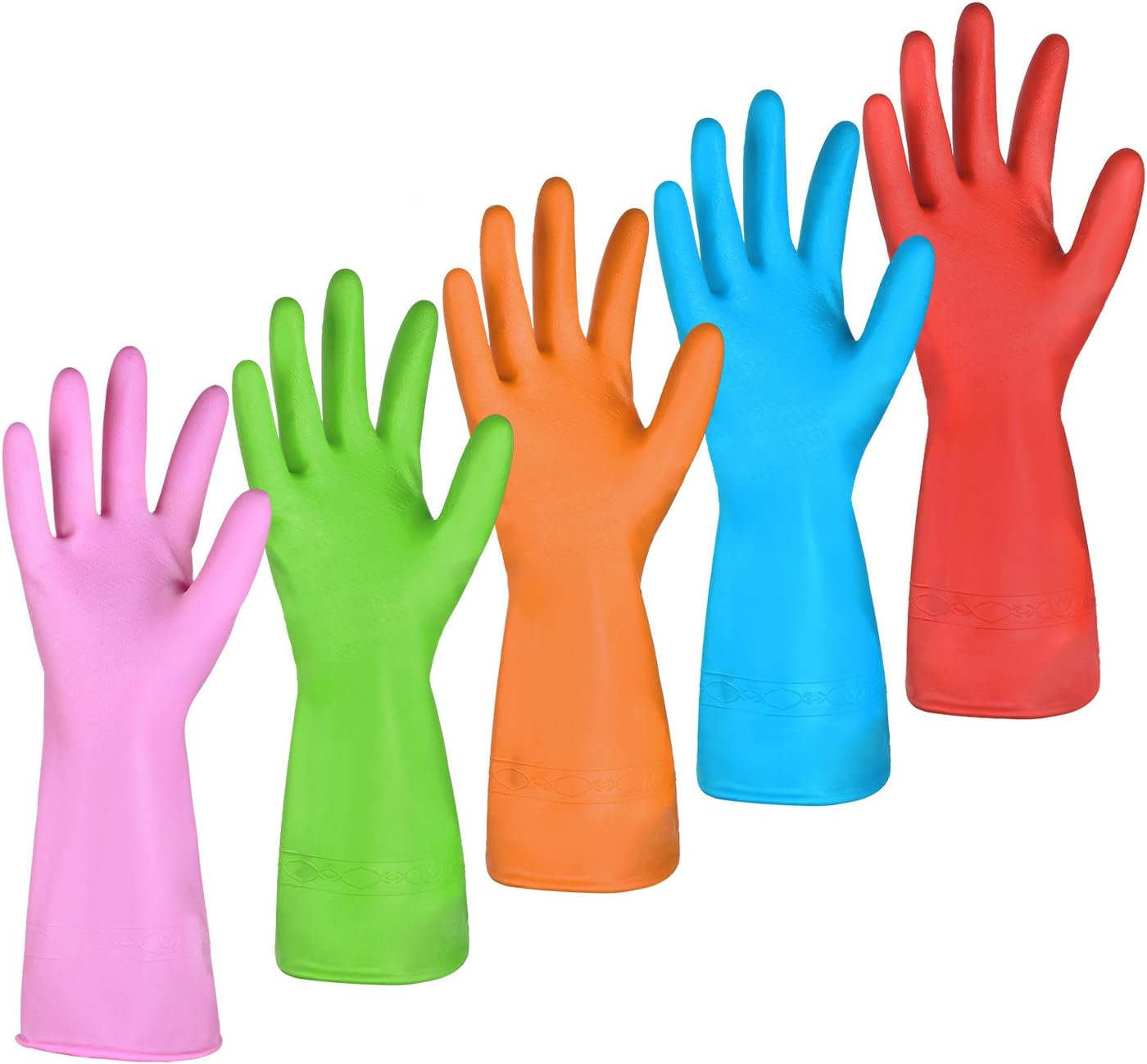 Dishwashing Rubber Gloves for Cleaning – 5 Pairs Household Gloves Including Blue, Pink, Orange, Green and Red, Non Latex and Fit Your Hands Well, Great Kitchen Tools Large