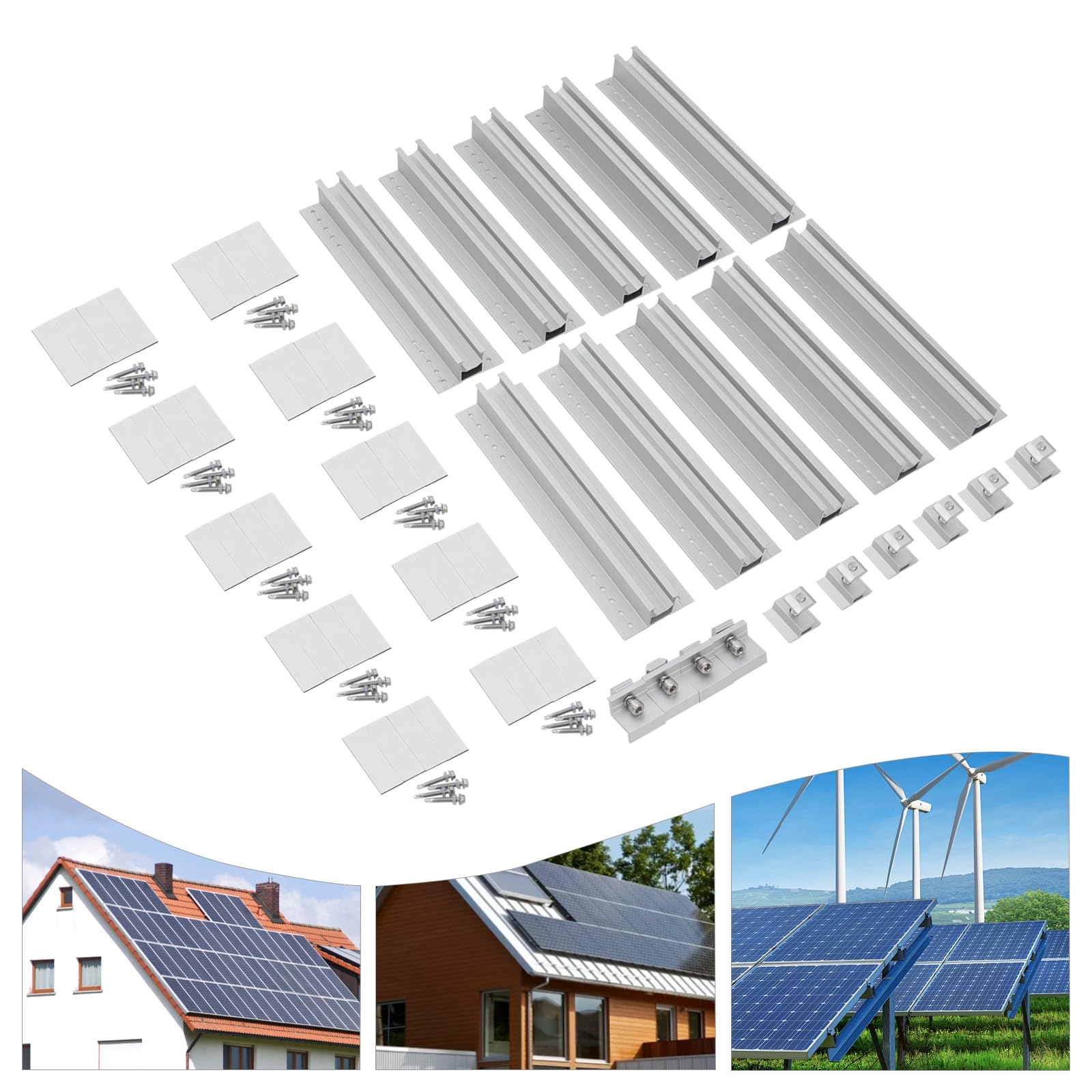 Set di 10 supporti per pannello solare, per tetto in mattoni PV | Sistema di montaggio in alluminio con 10 binari, 4 terminali e 6 morsetti centrali, viti e cuscinetti, per pannelli solari