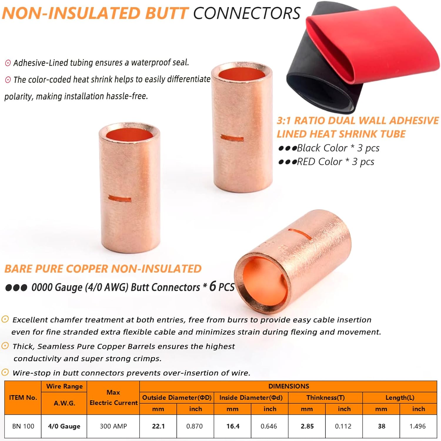 SVAAR 6 PCS 0000 Gauge Non Insulated Butt Connectors 4/0 AWG Uninsulated Butt Splice Connectors Crimp Repair Butt Splices Kit Bare Pure Copper Seamless Barrel Splice Terminals & 6 PCS 3:1 Heat Shrinks