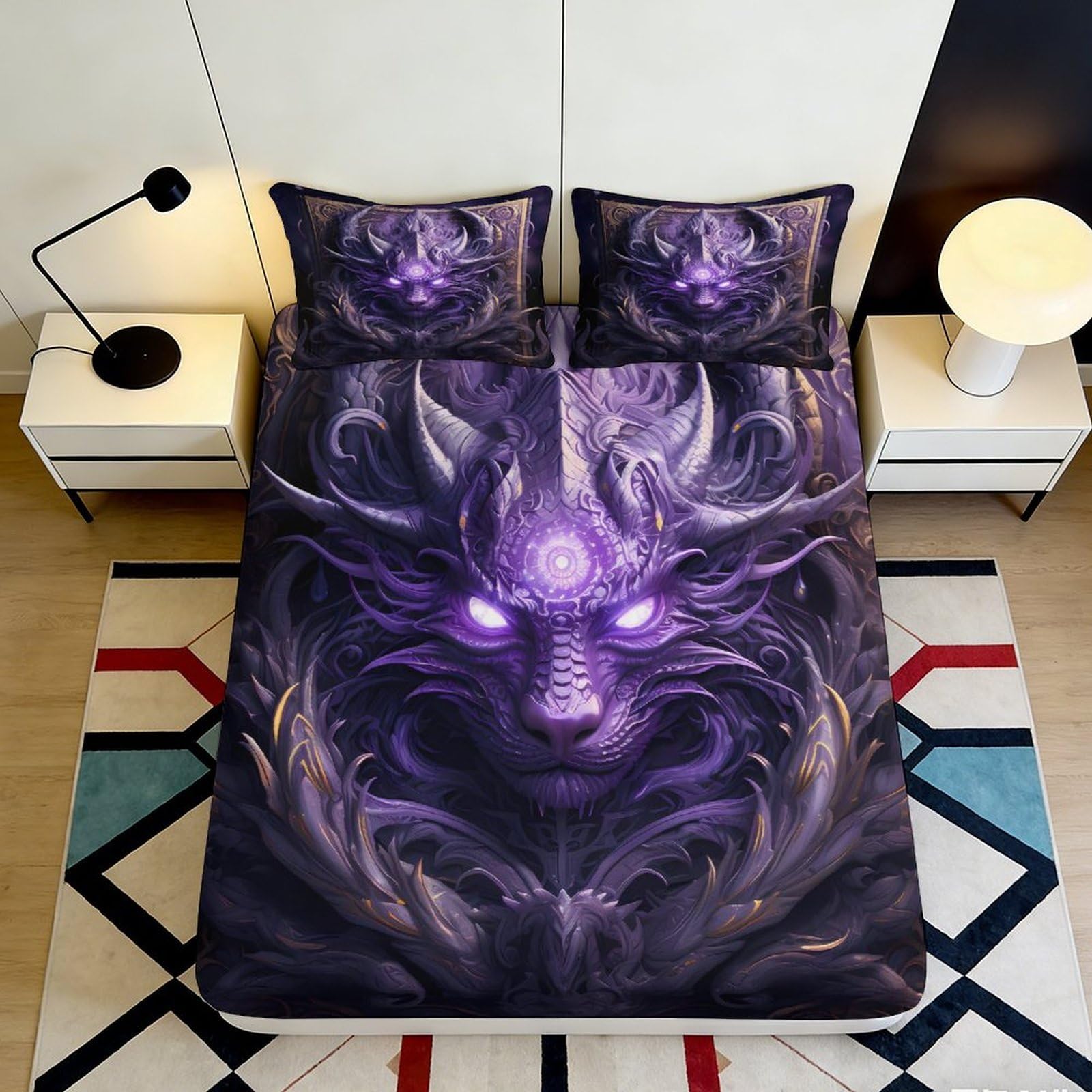 3D Printed Purple Dragon Fitted Sheet Microfiber Soft Breathable Mythical Beast Mattress Cover for Bedroom Dormitory Guest Room Protection Decor 200x200x25cm
