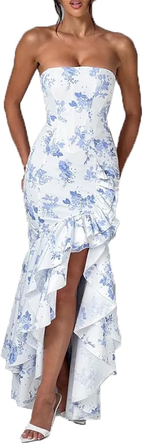 Strapless Prom Dress for Womens Ruffles Satin Wedding Party Maxi Dress Bodycon Cocktail Gowns with Slit