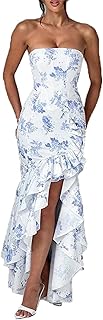 Strapless Prom Dress for Womens Ruffles Satin Wedding Party Maxi Dress Bodycon Cocktail Gowns with Slit