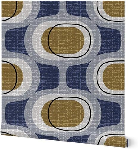 Spoonflower Removable Wallpaper 12ft x 2ft - Mid Century Midcentury Modern 70S 60S Retro Circles Orbs Navy Brown Custom Pre-pasted Wallpaper