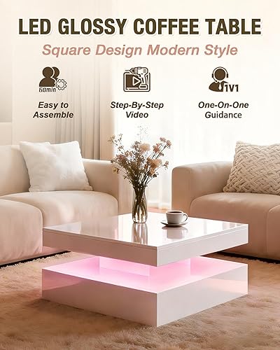 Miniatura 4 de FKWin Withe - Mesa de centro moderna contemporánea con luces LED, mesas de centro blancas para sala de estar con superficie de alto brillo, mesa