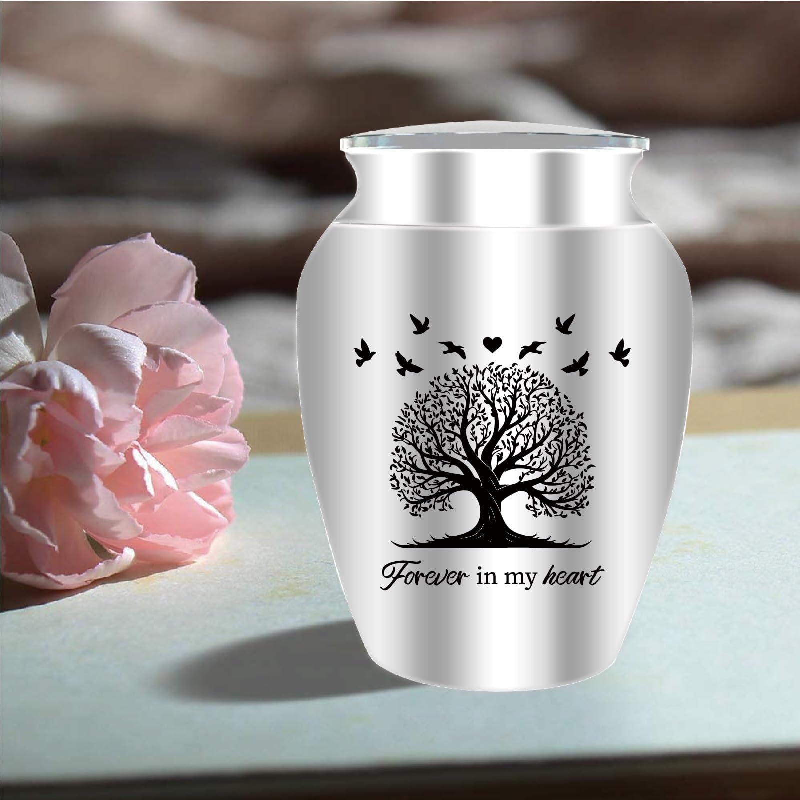 CREATCABIN Piccola Urna Ricordo Albero della Vita Mini Urna Ceneri Portacenere in Alluminio Cremazione Funebre Parola Incisa Sacchetto Velluto Regalo Commemorativo Mamma papà Famiglia 6.5x4.5cm