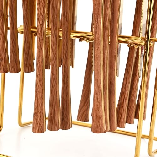 Miniatura 4 de Juego de cubiertos colgantes de 24 piezas con soporte para cubiertos, cubiertos de acero inoxidable con mango de madera, utensilios de cocina para