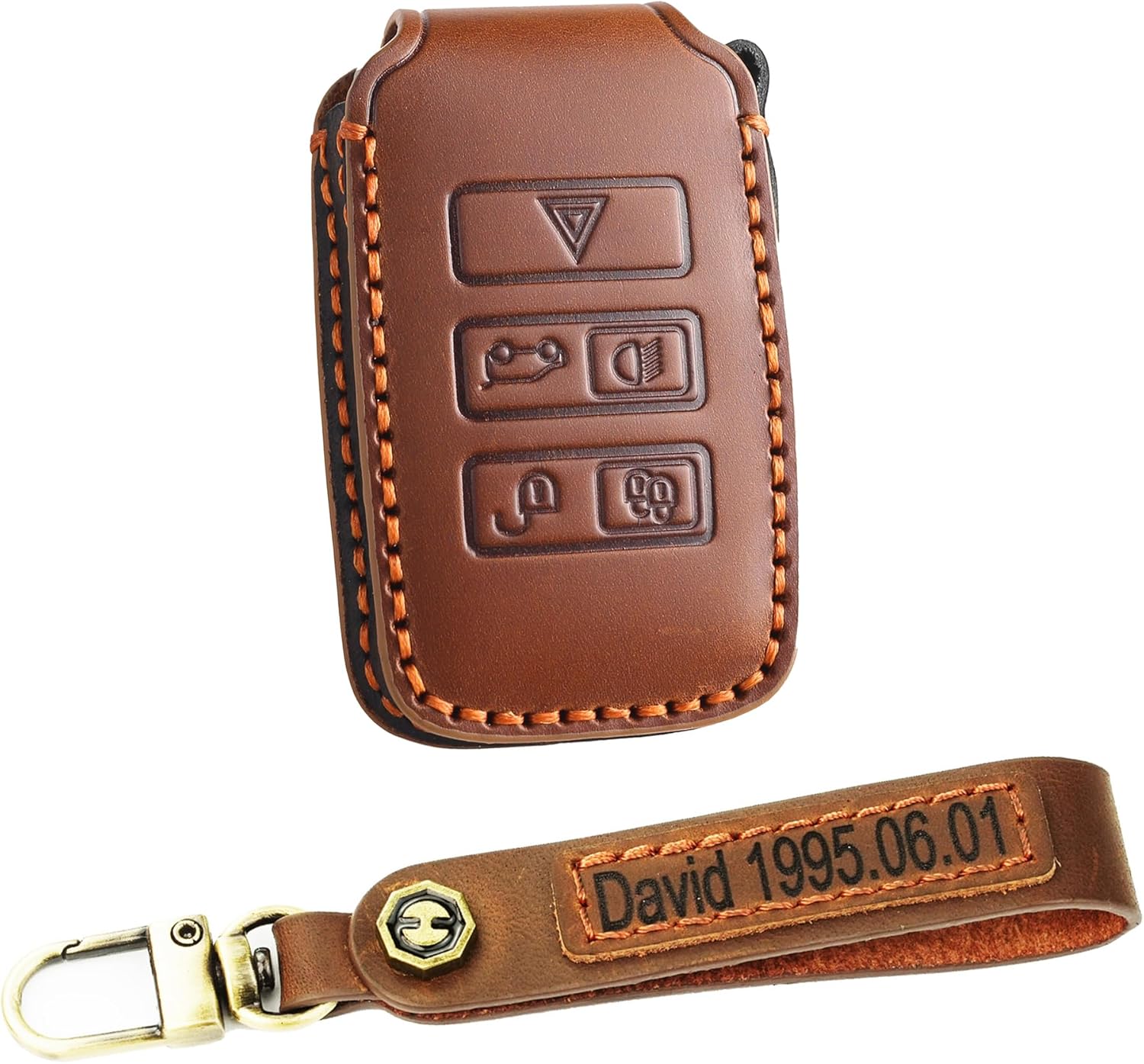ontto Leather Key Fob Cover Fit for Range Rover 2020-up Key Remote,with Customized Keychain Leather Key chain Personalized Keychains with Name Number Text Tag