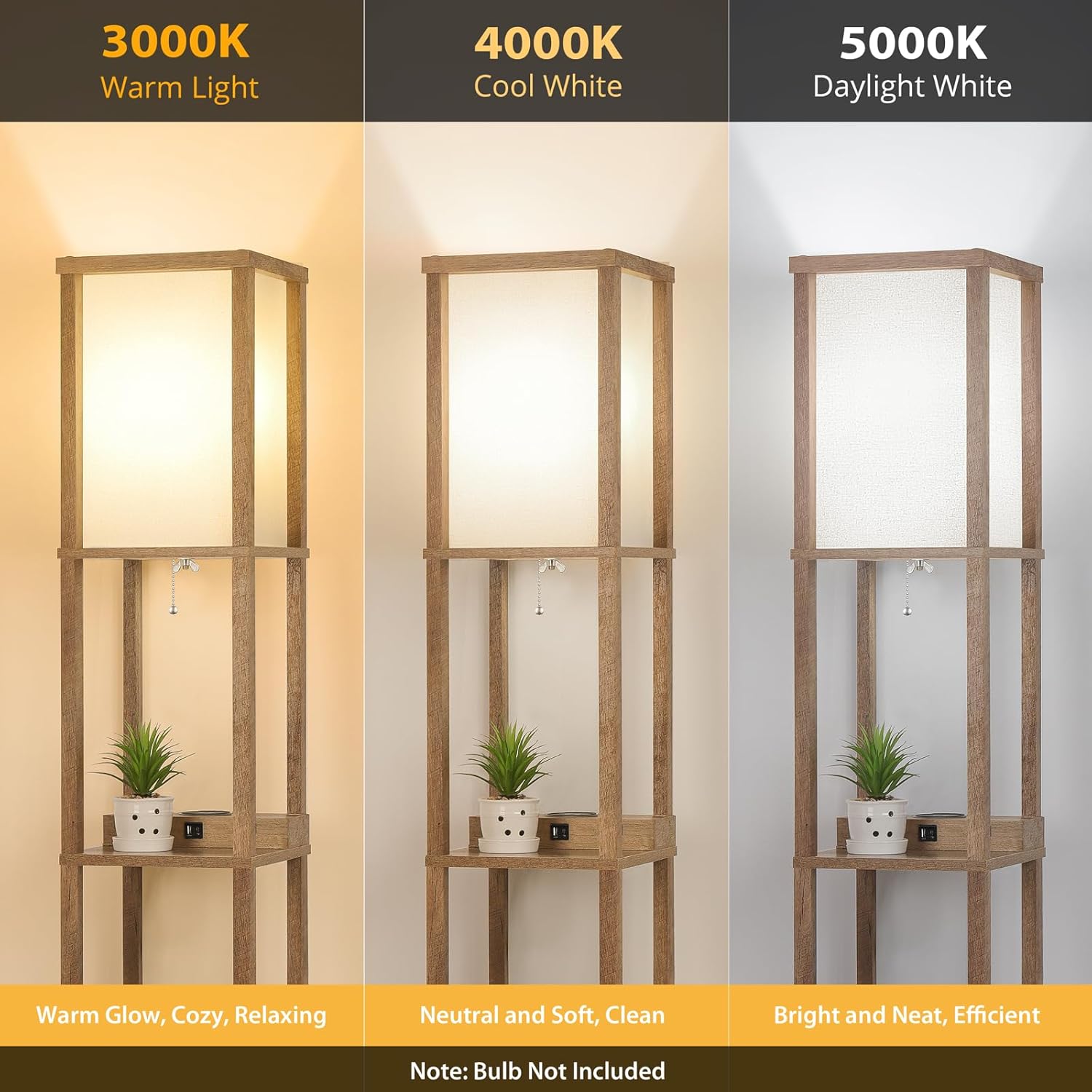 Mlambert Modern Shelf Floor Lamp with Wireless Charger & Fast Charging USB Port Type C 2 Power Outlets,3 Tier Storage Display Standing Narrow Corner Light for Bedroom Living Room(Wood)