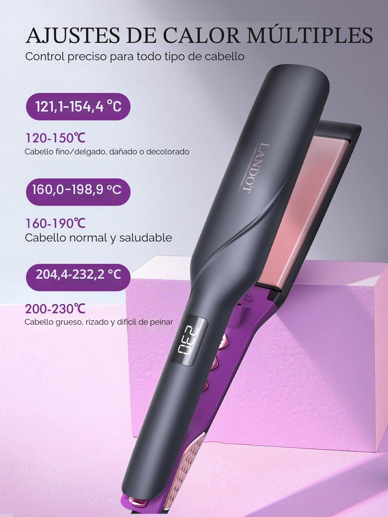 LANDOT Planchas de Pelo Ancha Profesional, Alisado Eficiente, Anti-estática | Protección y Brillo, Cerámica Iónica y Aceite de Argán, Placas Flotantes110 x 45 mm, Apagado Automático & 12 Temperaturas