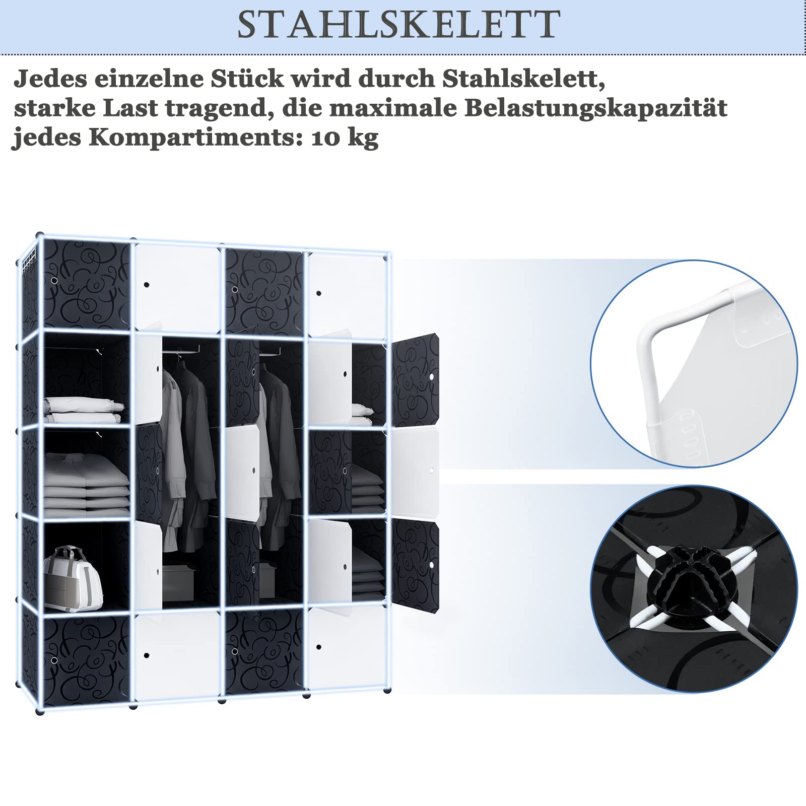YUENFONG Kleiderschrank Organizer Garderobe DIY Regalsystem Steckregalsystem aus Kunststoff für Kleidung, Schuhe, Spielzeug und Bücher, Schwarz (20 Boxen mit Tür)