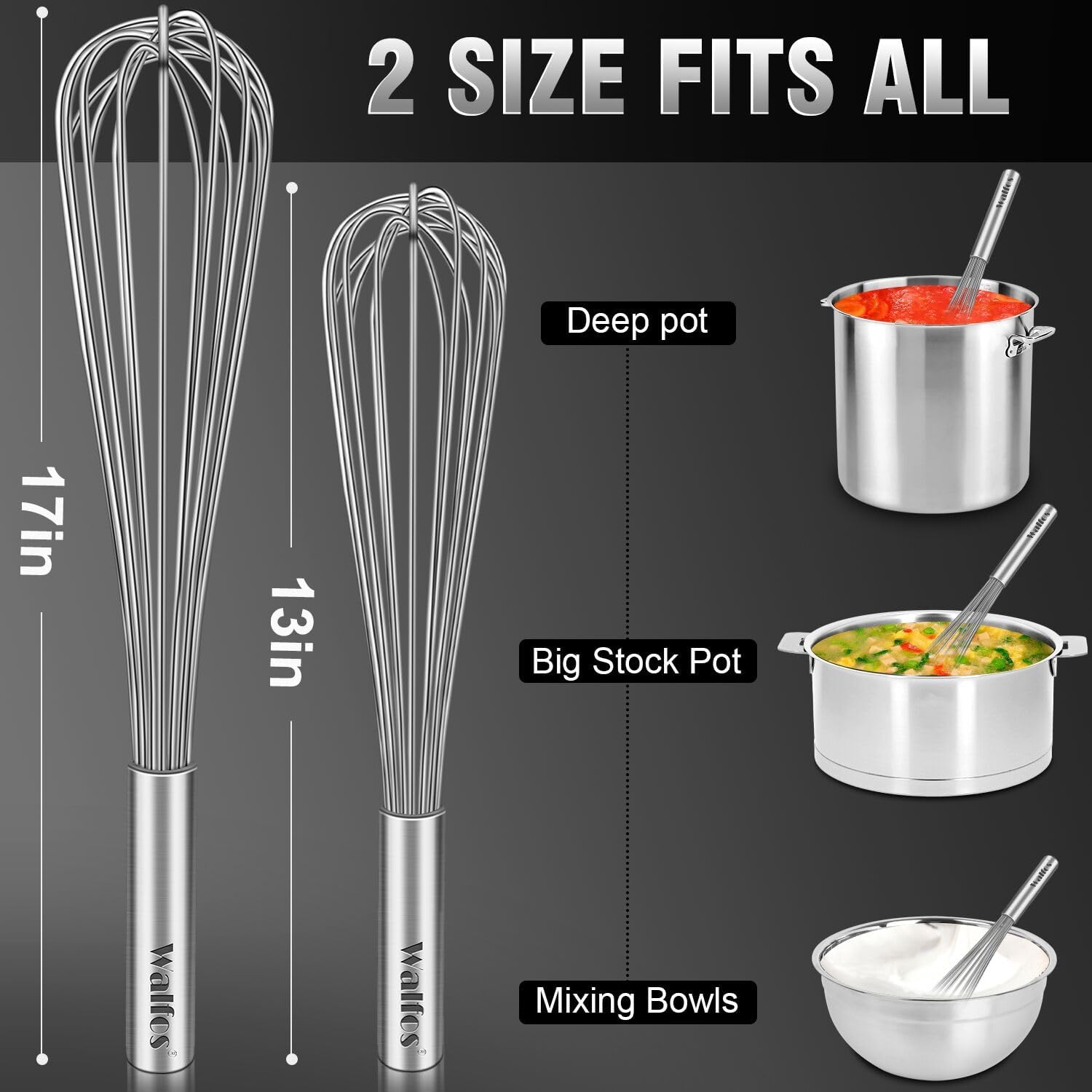 Walfos Whisks Large Whisk Set of 2, Heavy Duty Stainless Steel Wire Whisk Ideal For Beating Eggs, Mixing Batter & Blending Sauces.(13in+17in) - Image 5