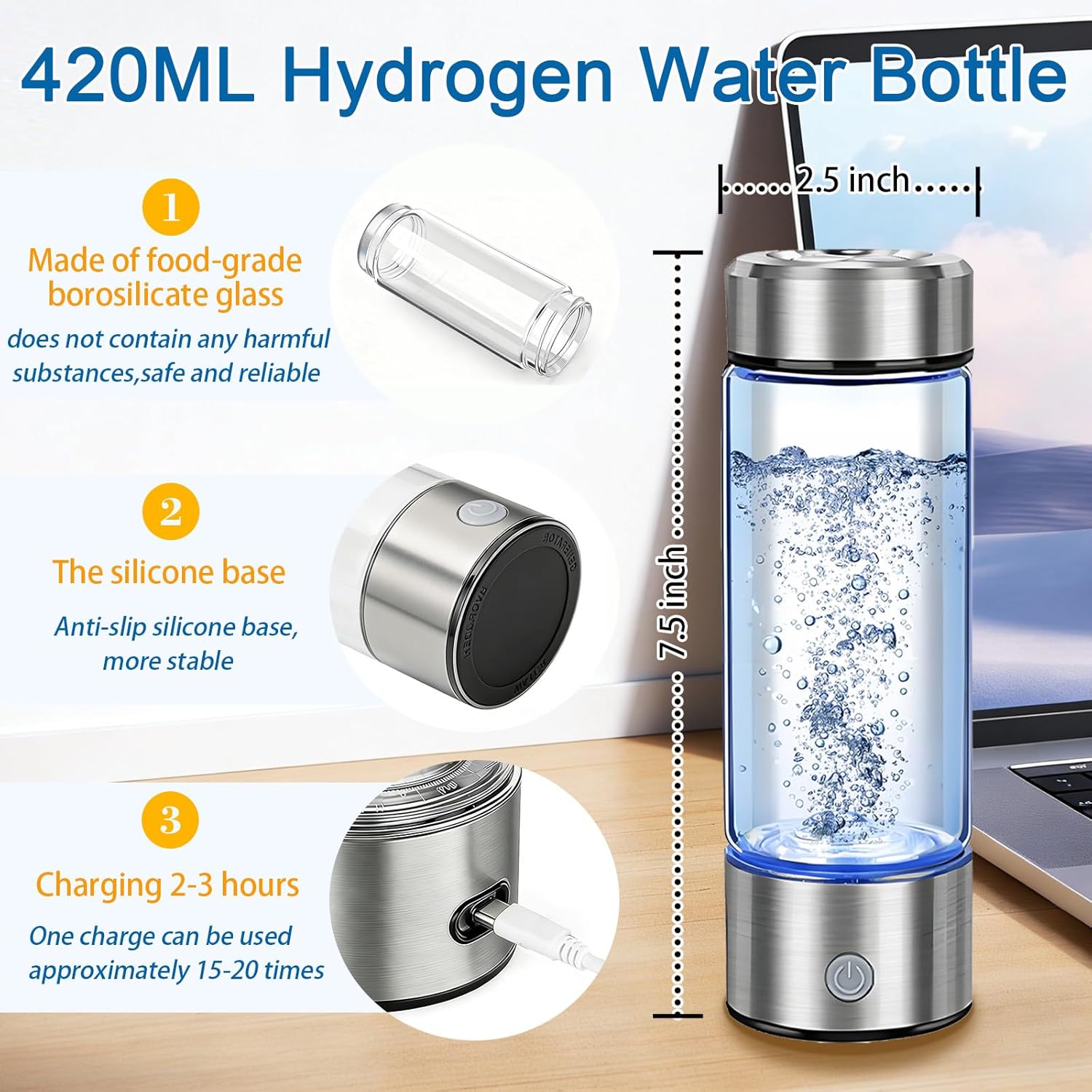 Hydrogen Water Bottle - Portable Hydrogen Water Ionizer Machine SPE PEM Tech, Rechargeable Hydrogen Rich Water Glass Bottle for Home Gym Office and Travel - Image 2