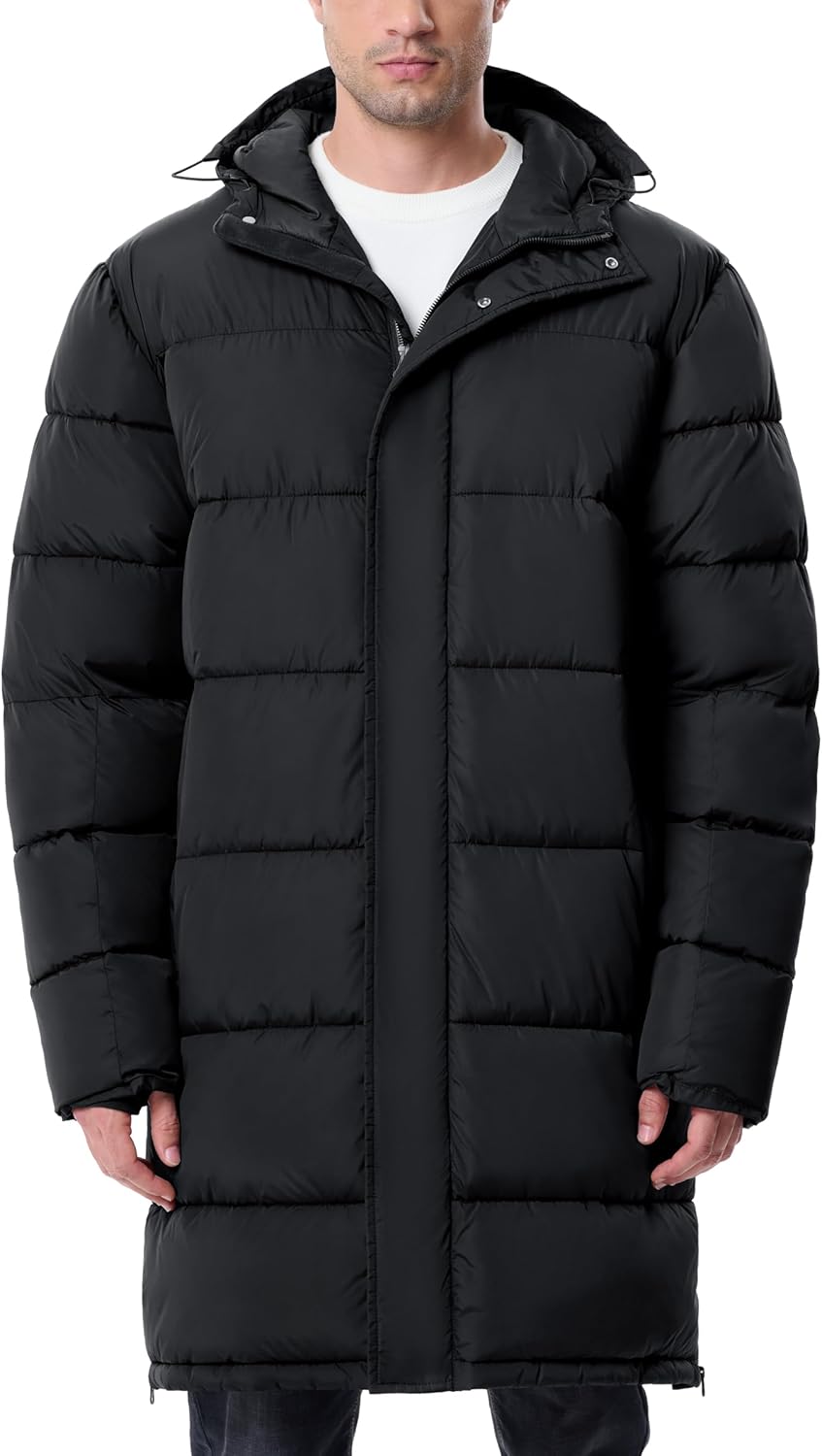 UIQUR Mens Long Winter Coats Lightweight Puffer Jacket Warm Insulated Waterproof Winter Jacket With Hooded