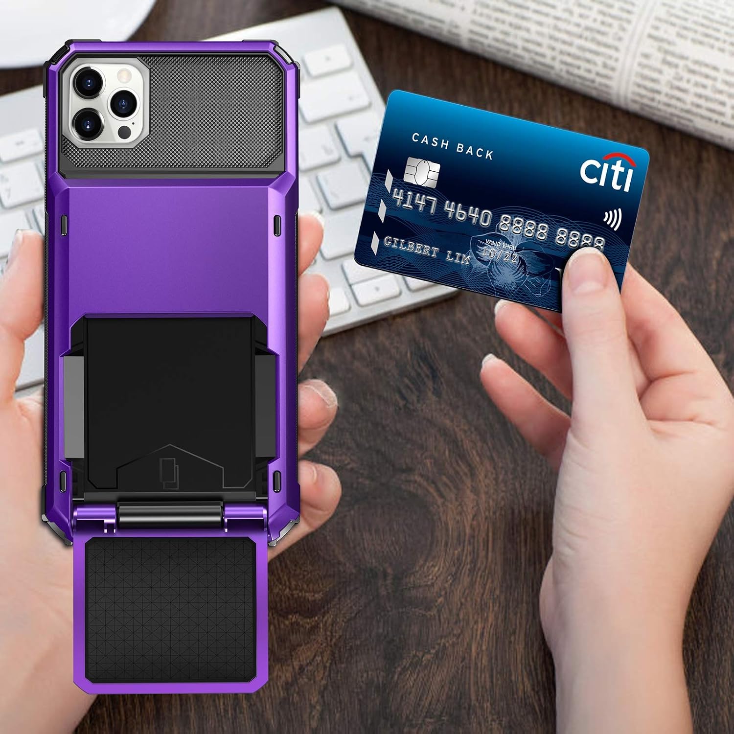 ELOVEN for iPhone 14 Pro Max Case with Card Holder Card Slot Hidden Credit Card ID Protective Cases Shock Absorption Anti Slip Rugged Bumper Protection Hard PC Cover for iPhone 14 Pro Max Purple