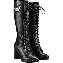 Women's Faux Leather Lace Up Knee High Boots, Black Motorcycle Riding Boots with Chunky Heel, Sexy Biker Boots with Side Zipper