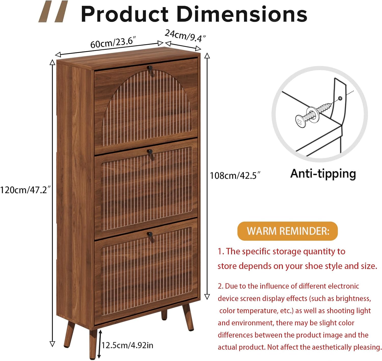 Shoe Storage Cabinet for Entryway with 3 Flip Drawers, Narrow Shoe Organizer with Fluted Panel, Freestanding Wood Hidden Shoe Cabinet for Hallway (Walnut, 23.6''W, Double Layer) - Image 2