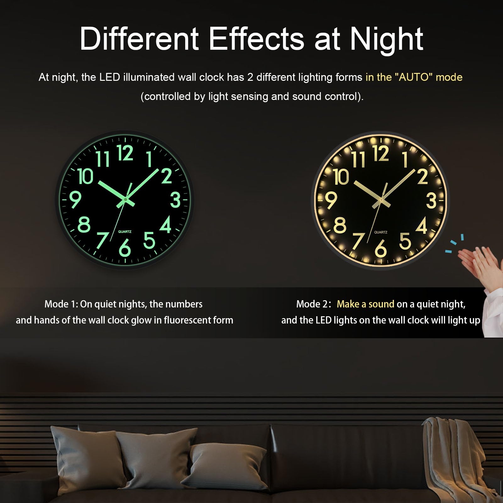 JoFomp Horloge murale LED pour chambre à coucher, lumière nocturne, 30,5 cm, horloge murale silencieuse à piles, horloge murale lumineuse pour décoration de salon, horloge murale moderne