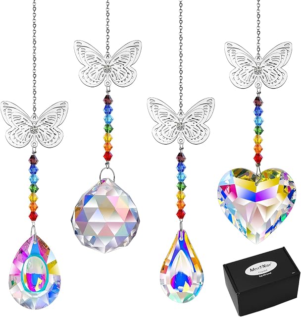 MerryNine 4 PCS Crystal Sunshine Catcher Colorful Heart/ pipa/ Longan/ Crystal Prism Ball+Butterfly Pendant windowsill Rainbow Hanging for Home Garden Window Car Decoration Christmas Tree Decoration