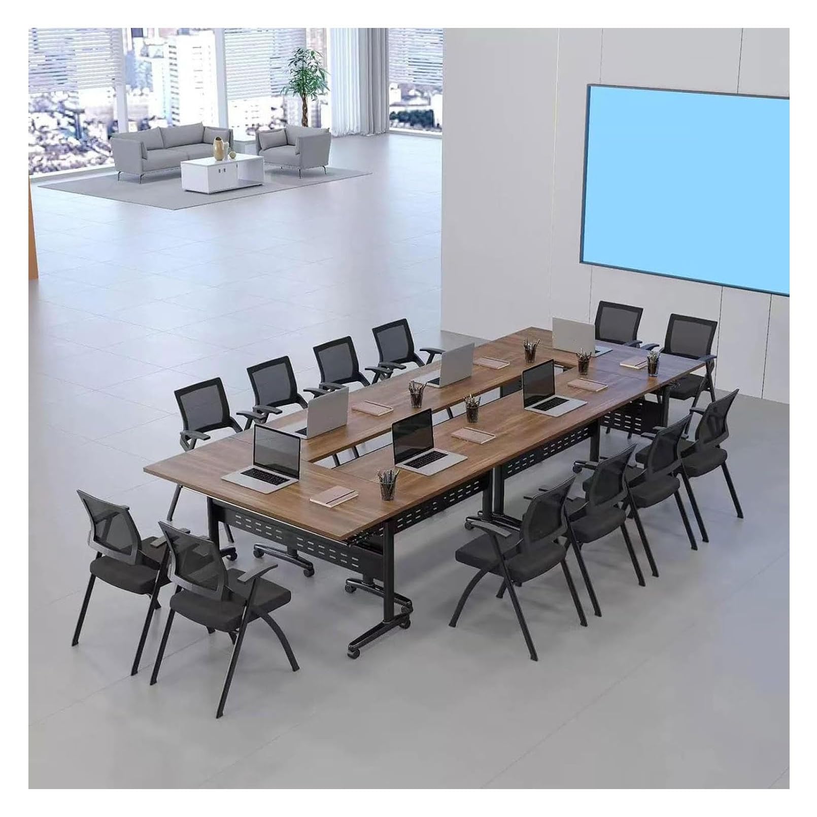 Tavolo riunioni mobile con piano ribaltabile per 2-16 persone, moderno tavolo da conferenza pieghevole con ruote, scrivania modulare per sala formazione con cassetti, struttura in acciaio laminato a