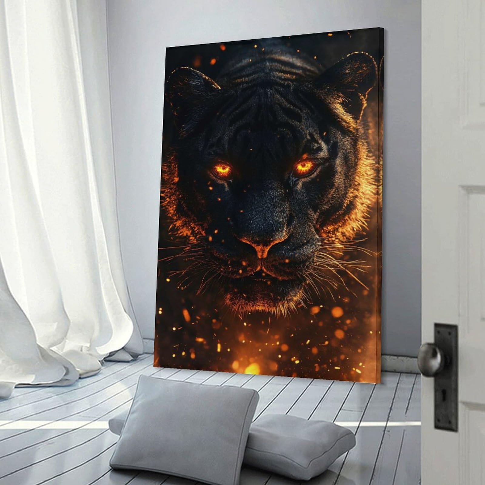 Junmoney Frame-Style-15 Canvas Wall Art Fiery Black Tiger Portrait, 20X30inch(50X75cm), For Lounge Decor, Bedroom Walls Or Flats, Eye Catching Artwork For Blank Walls