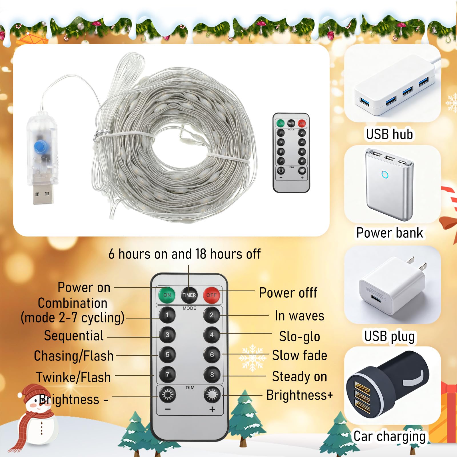 Halloscume Weihnachts-Lichterkette für Flure, Deckenleuchten, Dekorationen, 19,8 m, LED-Lichterkette mit Fernbedienung, 63 Weihnachtskugeln, Ornamente, DIY, Urlaub, Party, Veranda-Dekoration