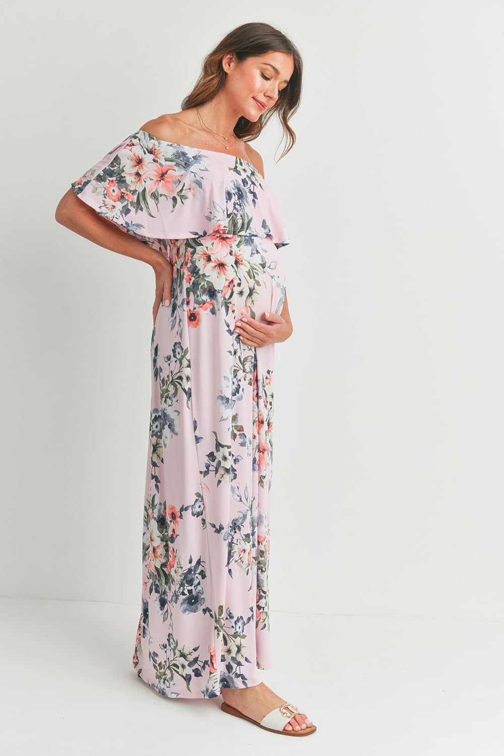 HELLO MIZ Maternity Dress Off Shoulder Maxi Pregnant Women Baby Shower Photoshoot, Large, Pink Coral Flower