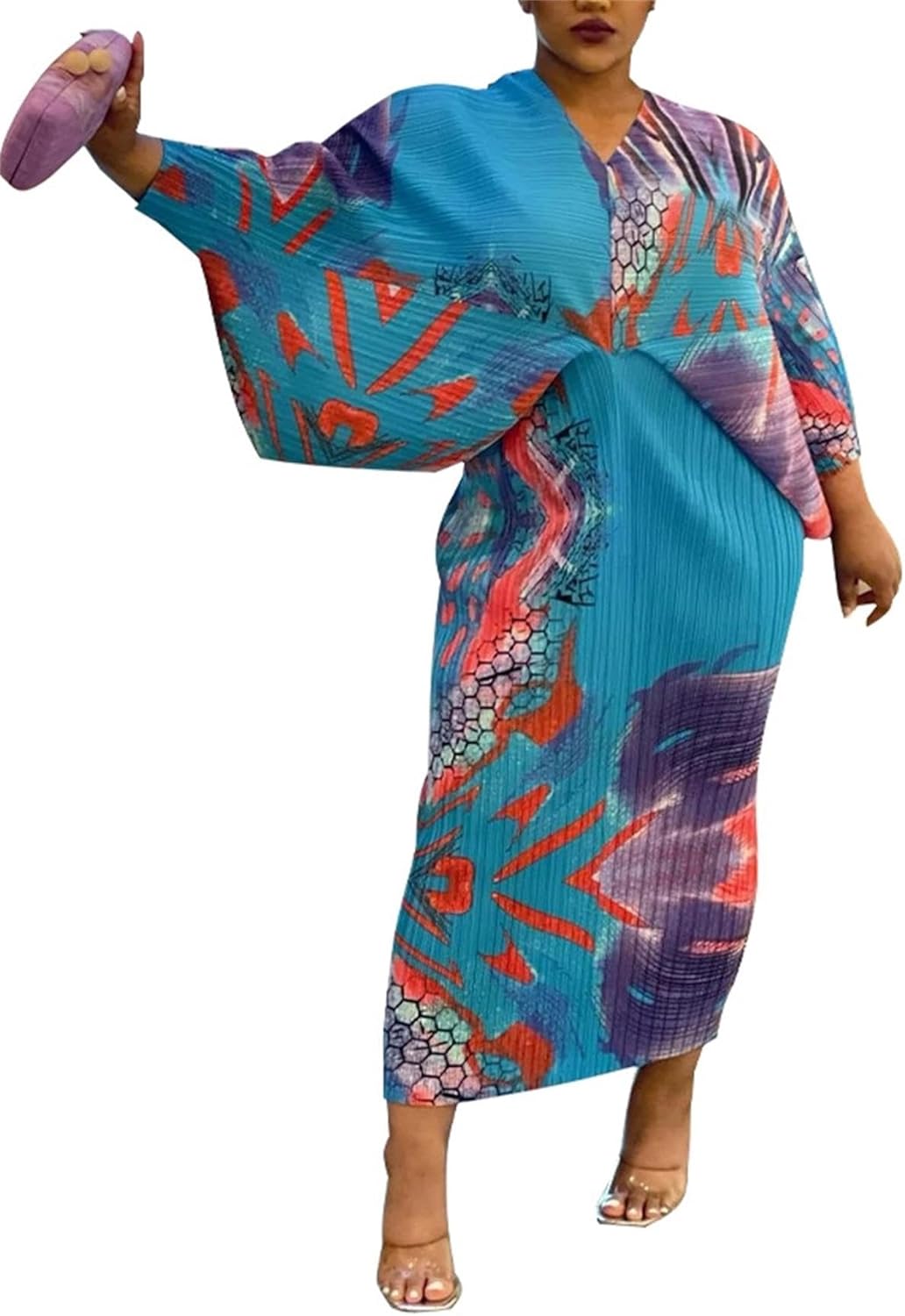 Ptorlio sexy African dresses attire women V neck floral Pleated midi dress plus size