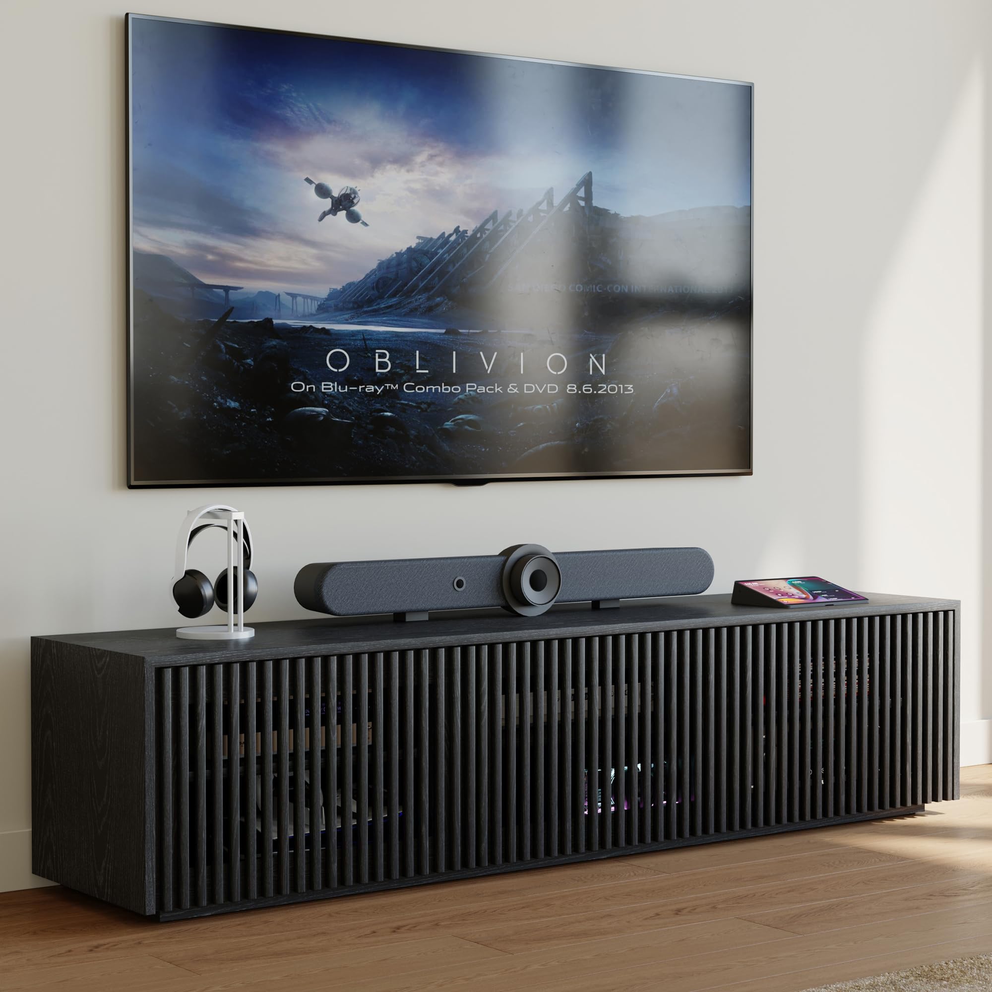 POVISON Full Assembled Mid Century Modern TV Stand, Black Entertainment Center for 65 inch TV, Wood Slatted Media Console with Storage, Low TV