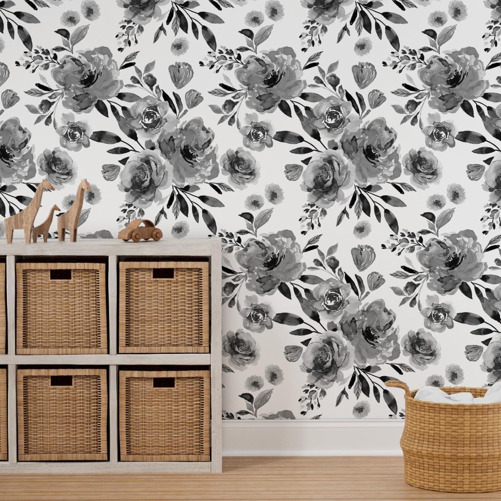 Removable Wallpaper 6ft x 2ft - Farmhouse Field Florals Black White Farm House Bloom Custom Pre-Pasted Wallpaper by Spoonflower
