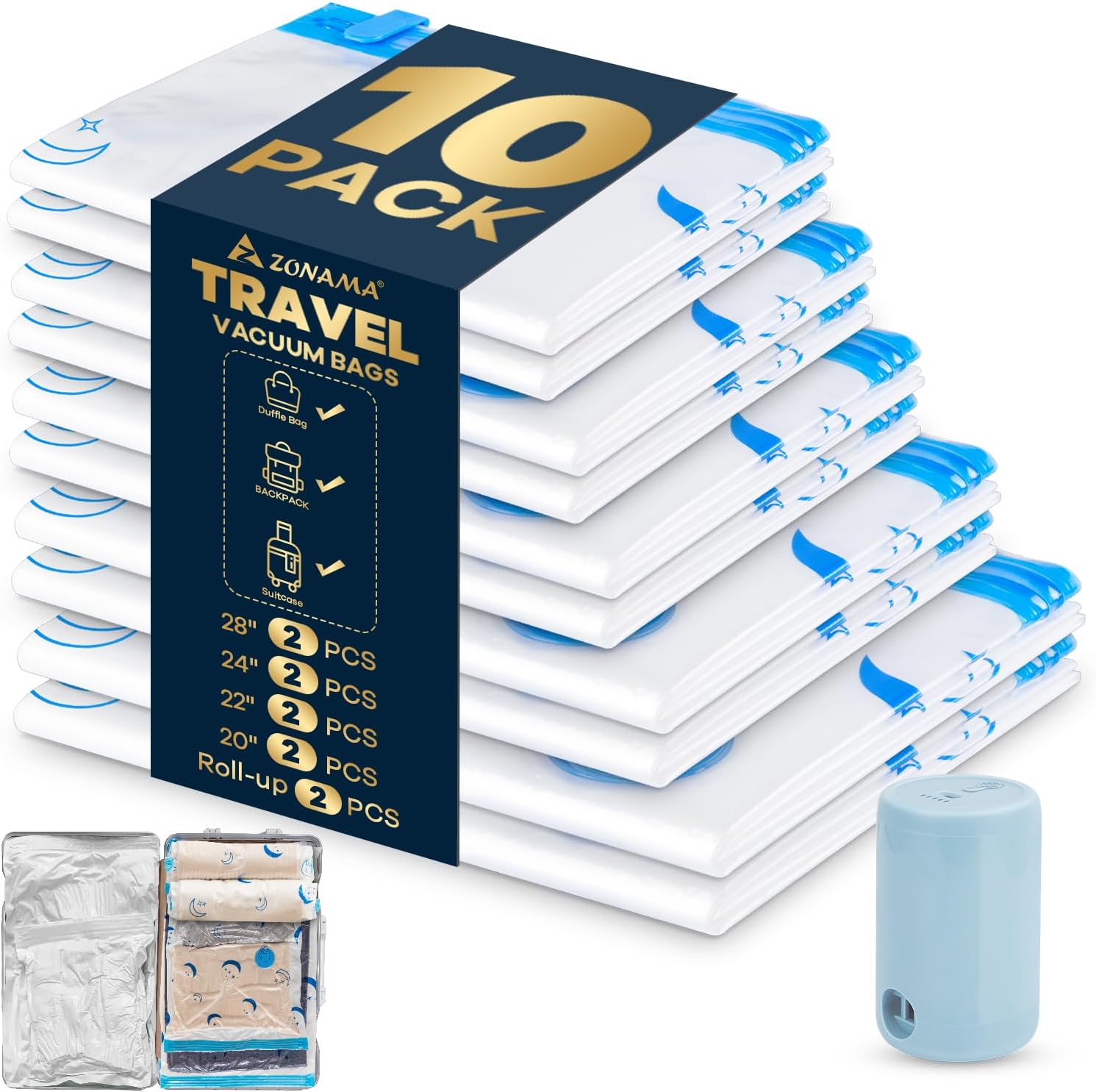 Vacuum Storage Bags with Electric Pump, 10 Pack Vacuum Sealed Bag with 1500mAh Rechargeable Battery for Clothes, Blanket, Duvets, Pillows, Comforters, Travel