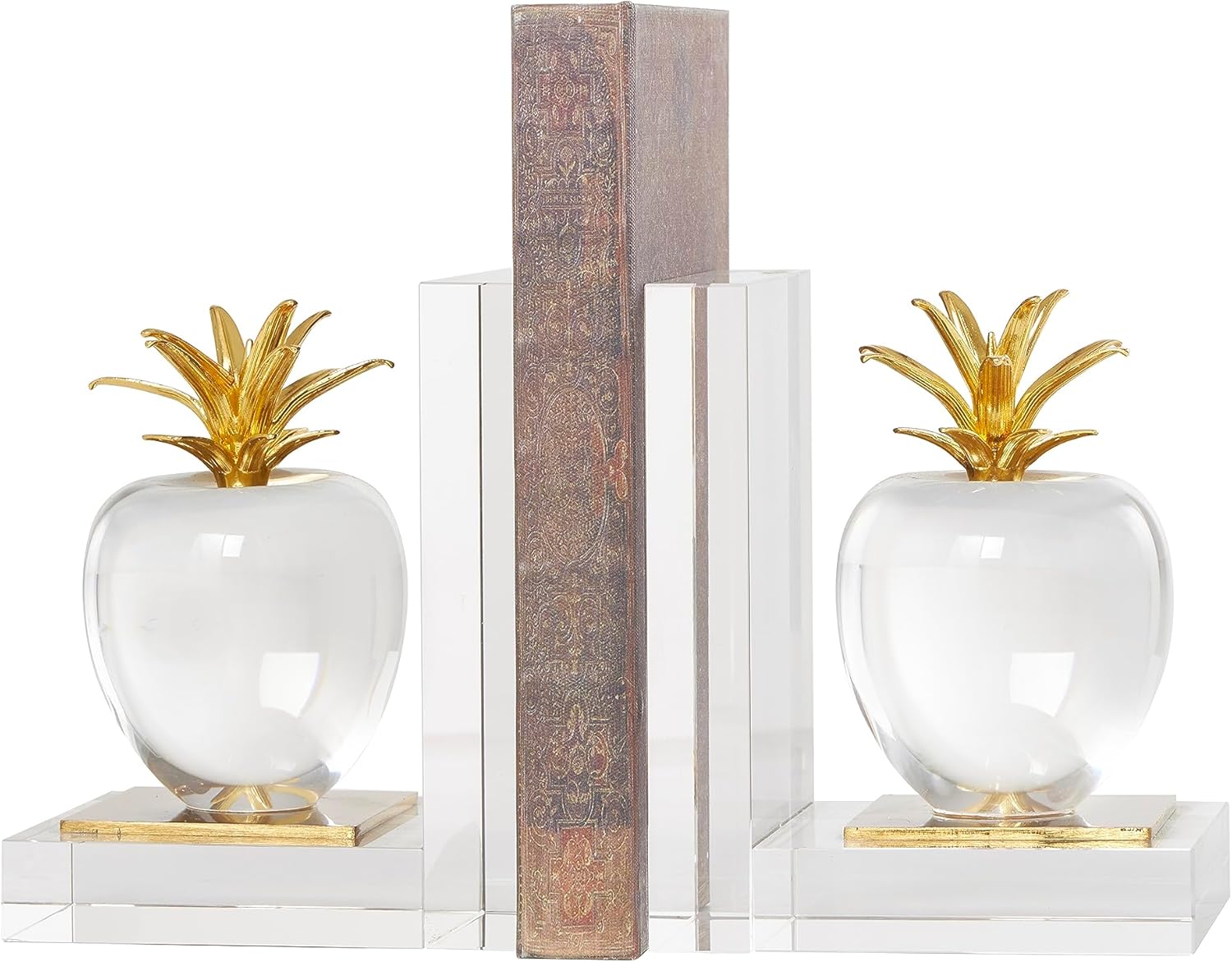 Deco 79 Crystal Fruit Decorative Bookends Apple Non Skid Bookends with Gold Leaves, Set of 2 Office Bookends4 W, 6" H, Clear