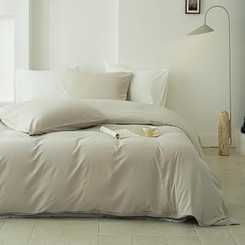 QKTE 100% Washed Cotton Duvet Cover Set 3pcs Linen Feel Twin Duvet Cover Breathable Durable Comfy Twill Bedding Beige,68" x 86"