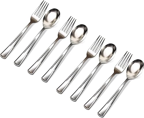 Miniatura 2 de Paquete económico de cucharas y tenedores, 200 mini cucharas y tenedores plateados para aperitivos, cucharas de plata desechables