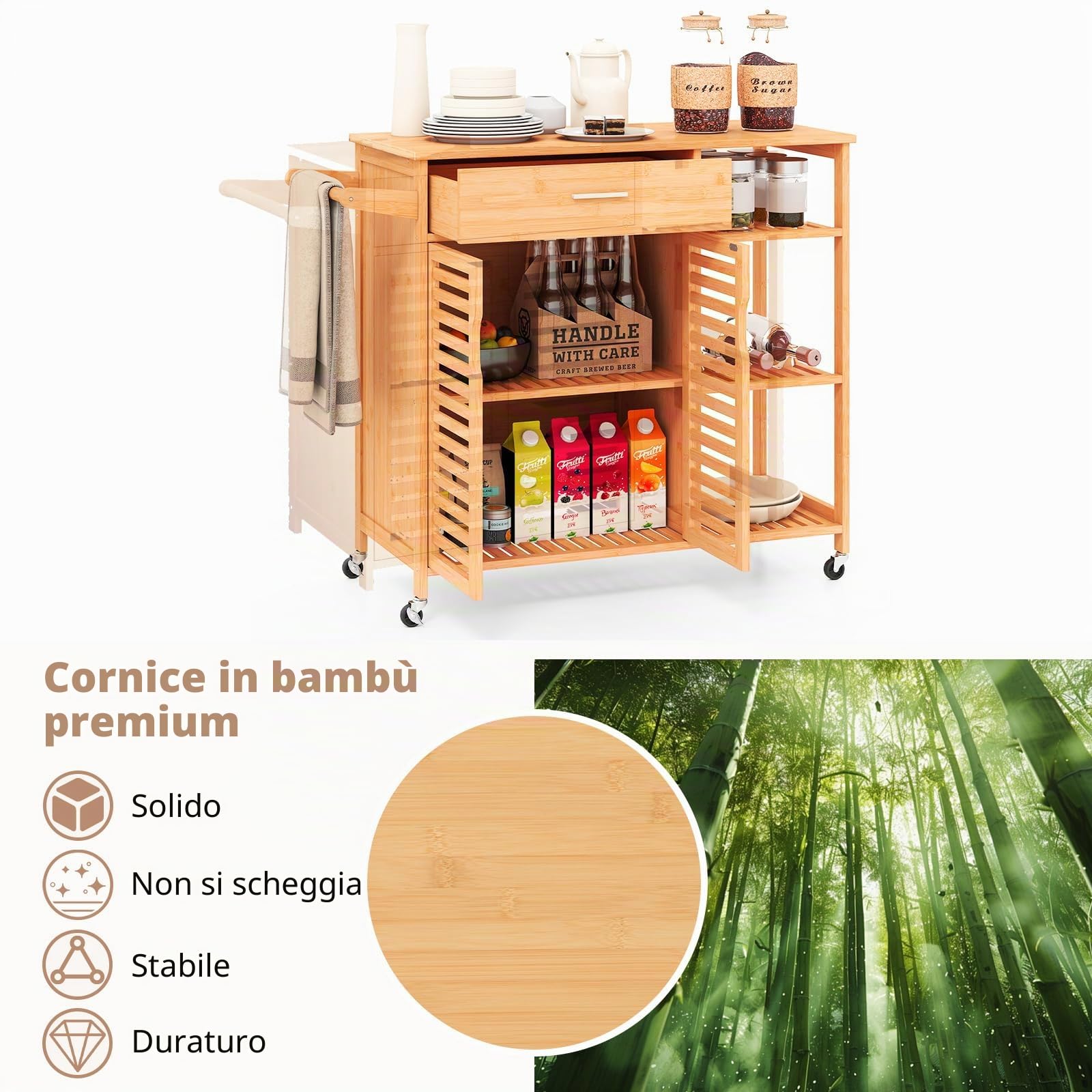 KOMFOTTEU Carrello da cucina con ruote, isola cucina con cassetti, porta asciugamani, scaffali aperti, carrello da servizio, carrello in legno, carrello da cucina, 104 x 40 x 89 cm