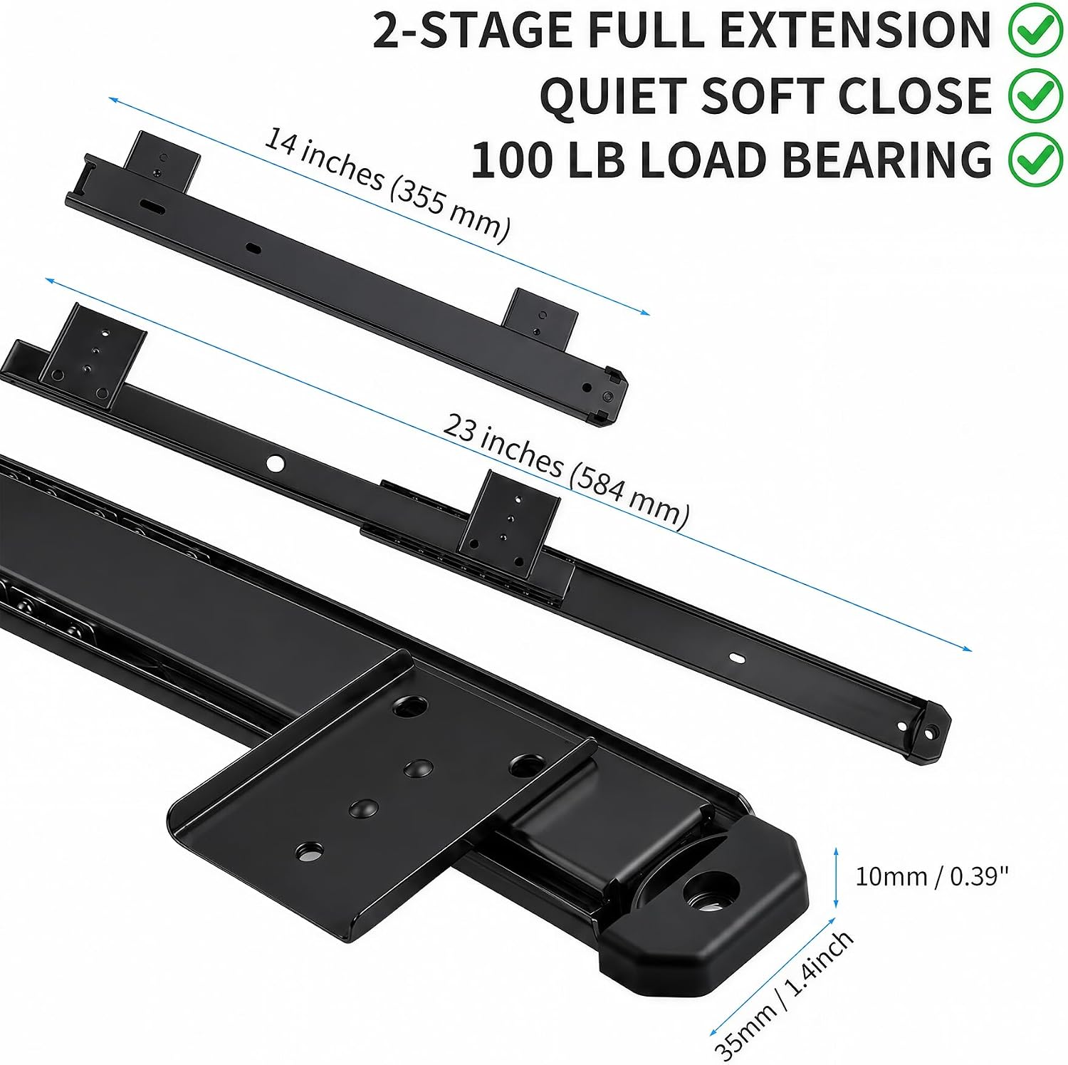 2 Pair 14" Soft Close Drawer Slide, Keyboard, 35mm, 100LB, Black | Side Mount Drawer Rails, Full Extension Guide Glides Runners, Replacement for Office Cabinets, Keyboard Trays & Furniture