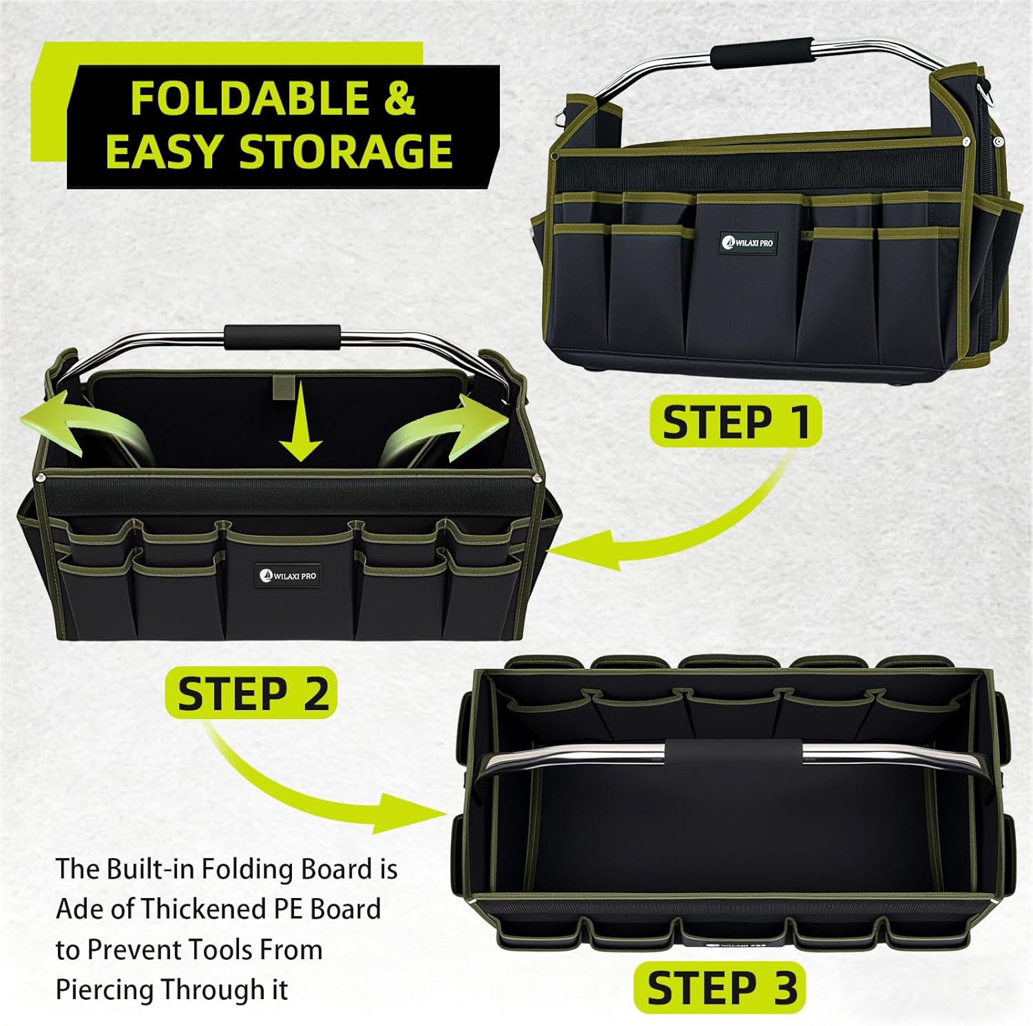 20in Foldable Open Top Tool Bags For Men Heavy Duty, Tool Carrier hard With Handle, Wide Mouth Electrician Tool Tote, Many Pockets Can Hold Many Tool, Green