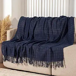 Manta Decorativa Sofá 140x170 cm 100% Algodão com Textura Quadriculada e Franjas Azul Marinho