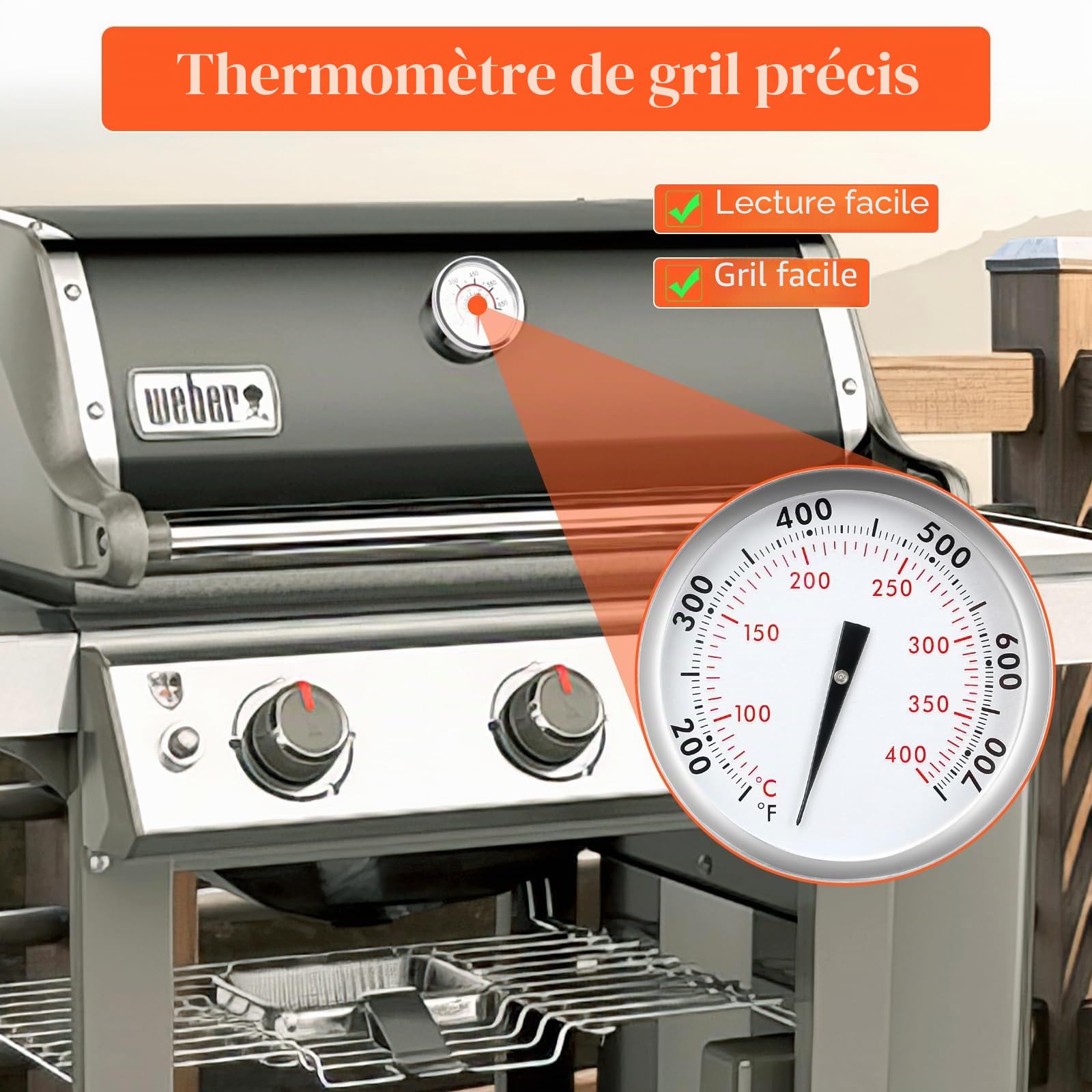 67088/67731 Thermomètre de barbecue – Remplacement pour Weber Genesis 300, Genesis II & Summit Series, Genesis E/S 310 330, diamètre 6 cm
