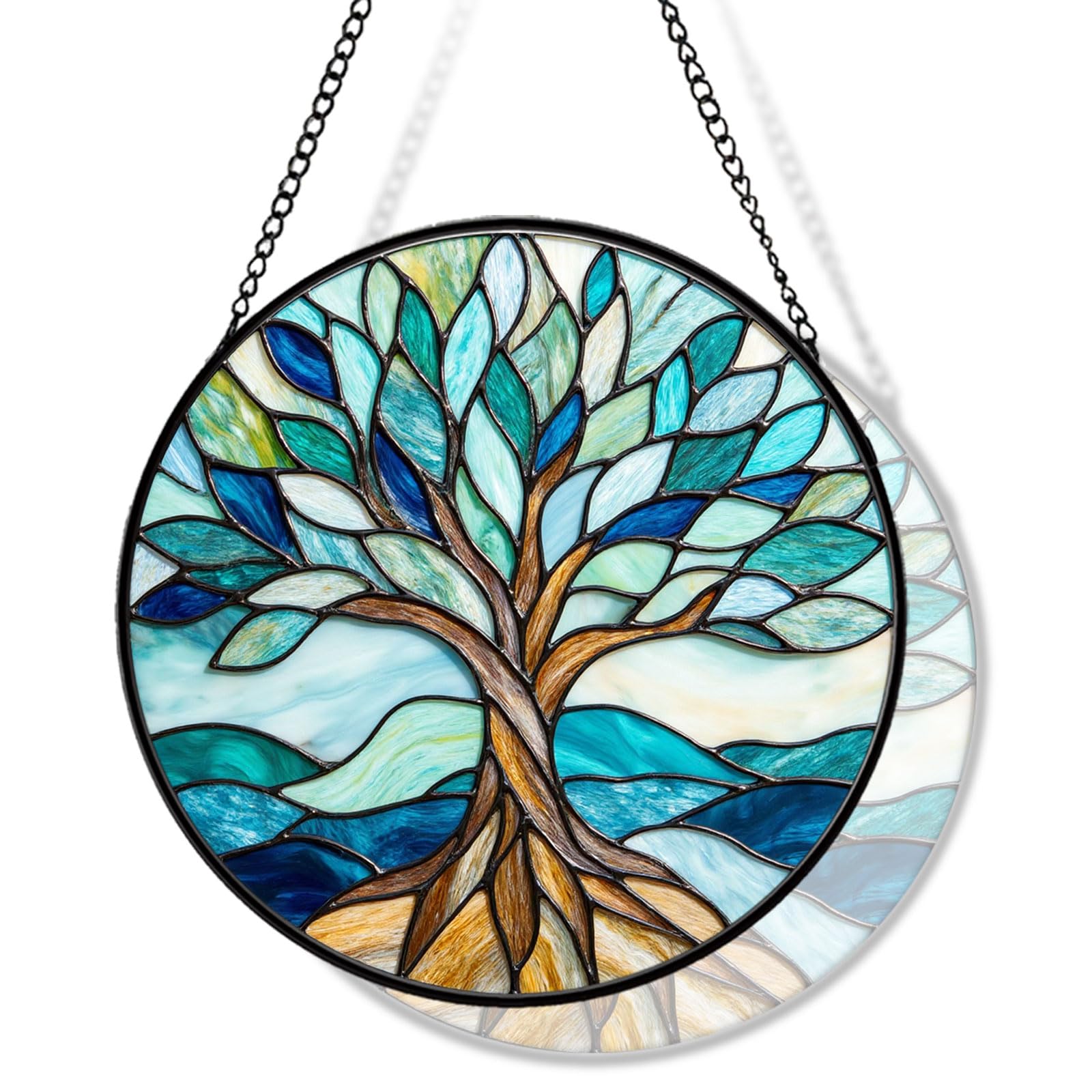 Atrapasueños colgante de ventana con diseño de árbol de la vida, atrapasueños costeros azul océano con olas rodantes, regalo de decoración del hogar de cristal para mujeres, madre jardineras